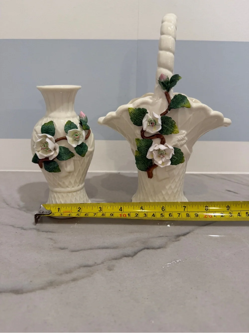 Porcelain White Floral Ceramic Vase and Basket Set